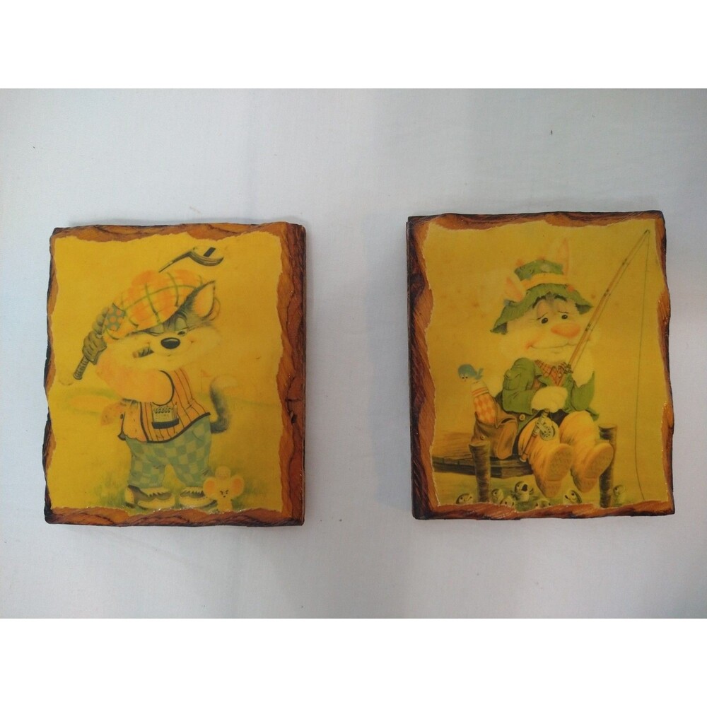 Set of 2 MINI Wintermute Rustic Wood Wall Plaques Golfing Racoon Fishing Rabbit
